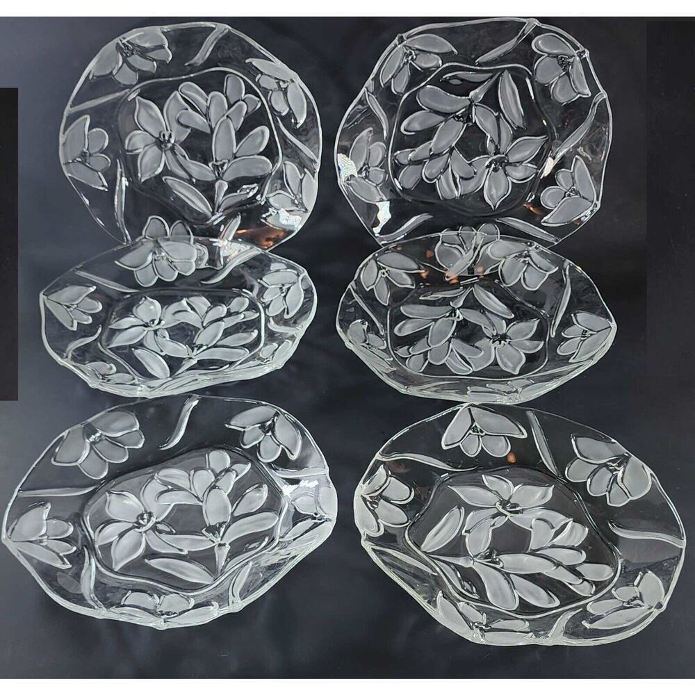 6 Embossed Floral Dinner Plate Clear Thick Glass Textured 8" Wavy Edge Stunning